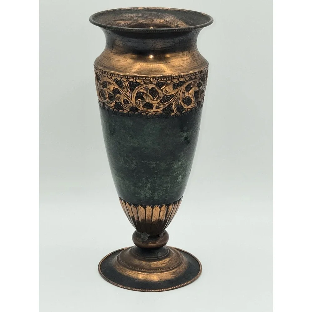 Hammered Copper Vase Israel Patina Finish Ornate Band Mid Century Decorative Urn